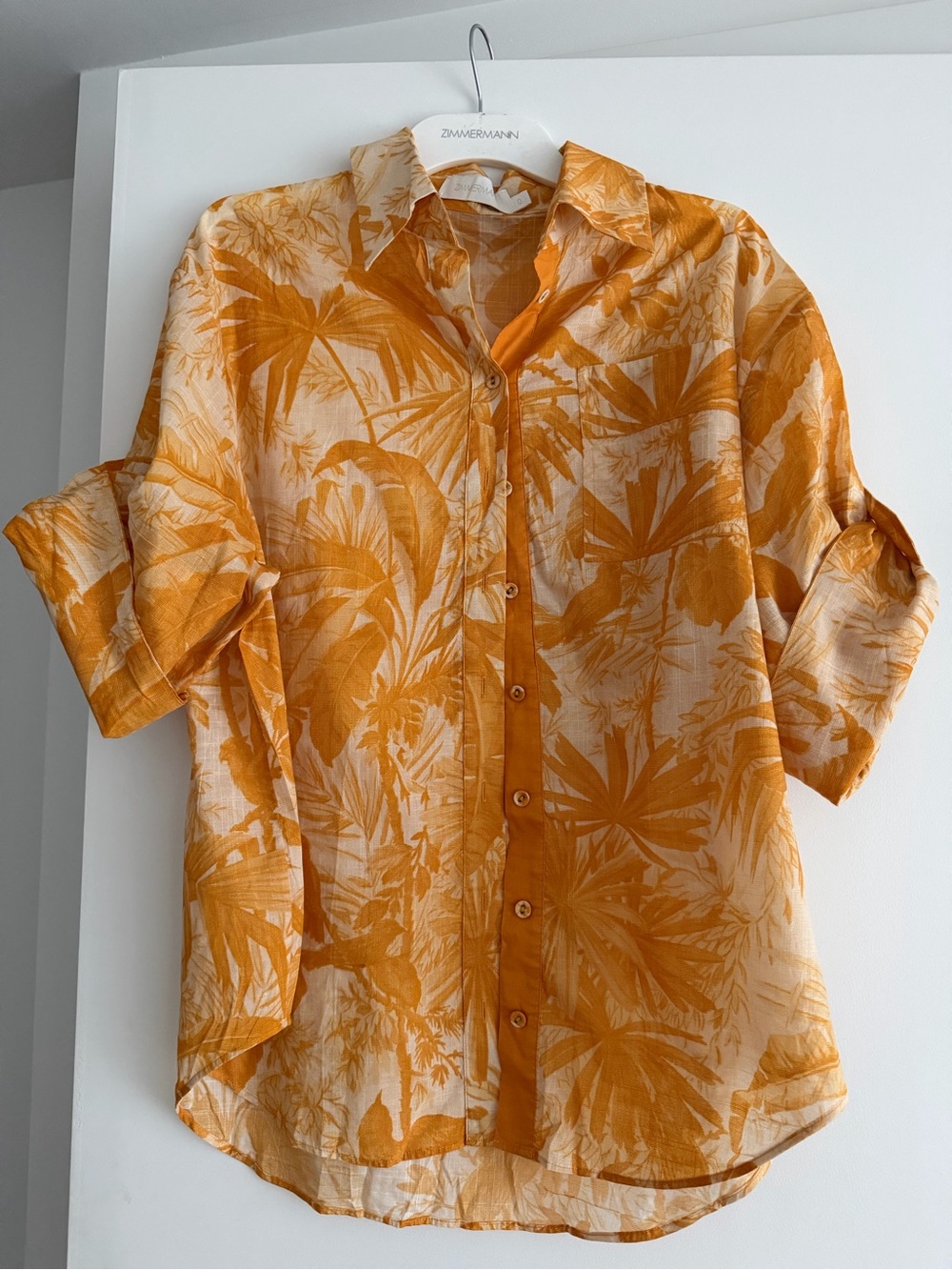 Zimmermann Orange Tropical-Print Linen Button-Down Shirt